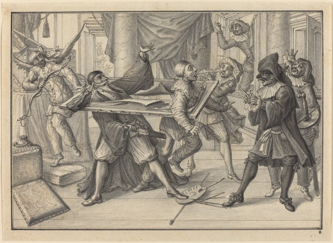 Mezzetin et Arlequin utilisent le cadre pour attraper Pantalon et Pierrot - Johann Jacob Schubler