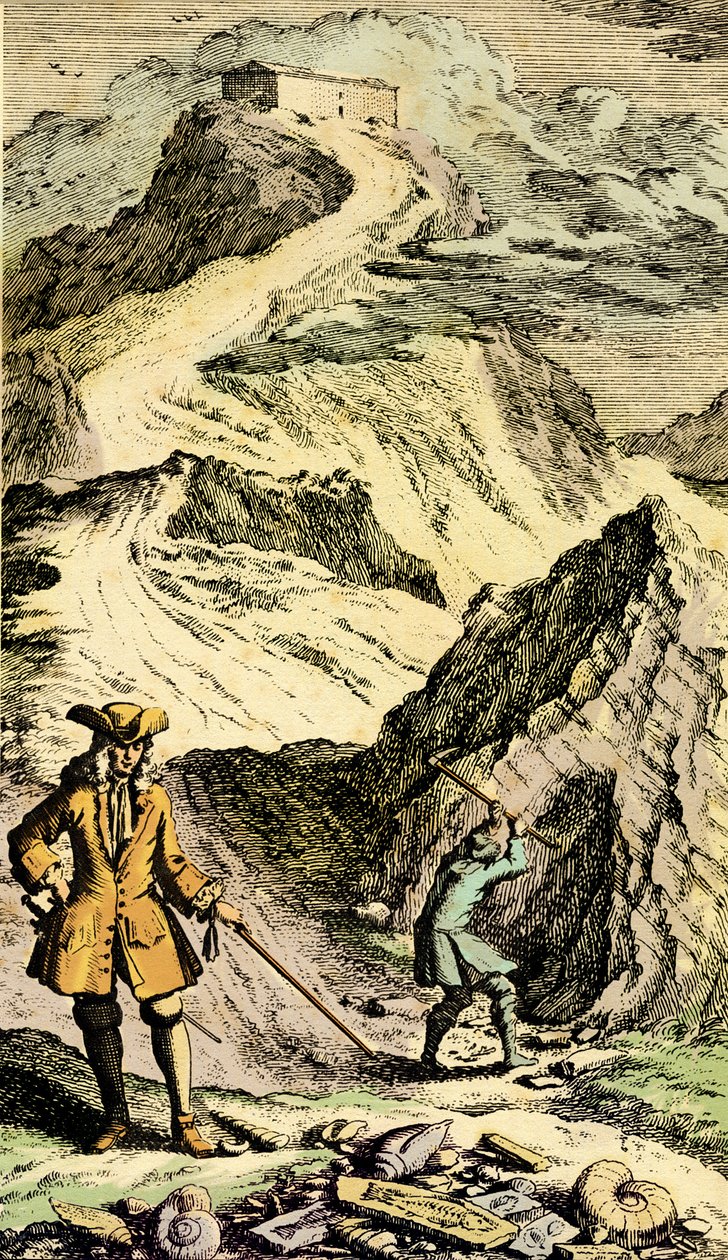 Paléontologie : Le naturaliste suisse Johann Jakob Scheuchzer (1672-1733) a découvert dans les montagnes suisses les traces du Déluge universel grâce aux fossiles. Gravure du « Museum Diluvianum » - Johann Jakob Scheuchzer