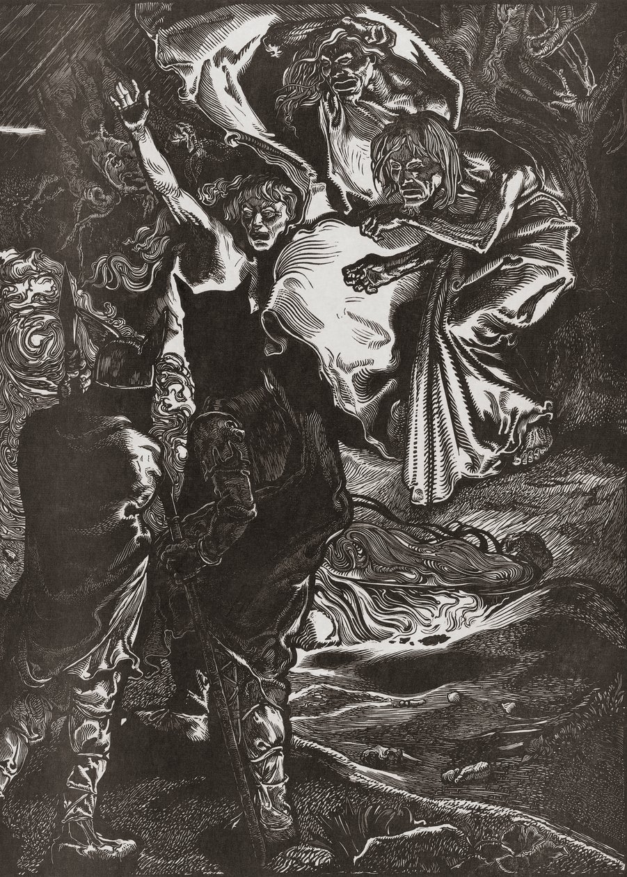 Macbeth et Banquo rencontrent les trois sorcières, 20e siècle (gravure) - Johann Joseph Aarts