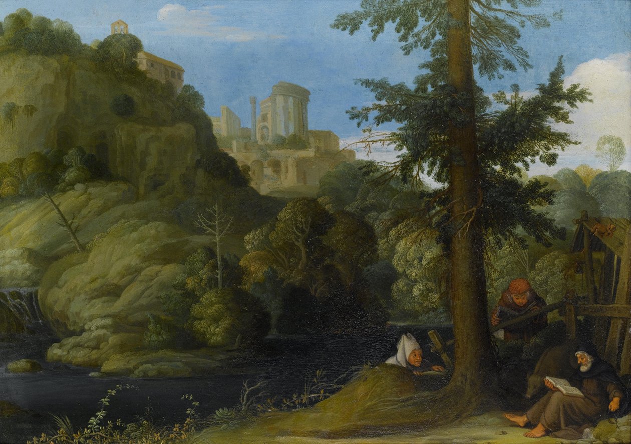 Un ermite avec deux voyageurs dans un paysage boisé - Johann König