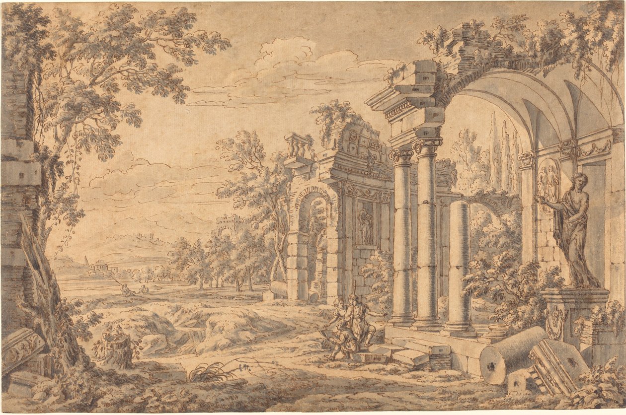 Paysage avec un dessinateur parmi les ruines antiques - Johann Oswald Harms