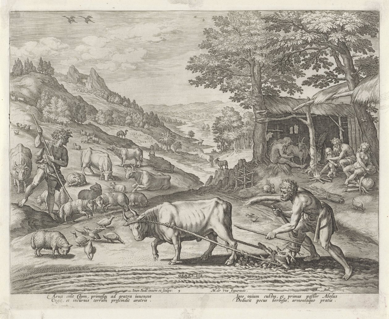 Caïn et Abel comme agriculteur et berger (Geschiedenis van de familie van Kaïn / Over goede en slechte werkzaamheden, Boni et mali scientia) - Johann Sadeler (I)