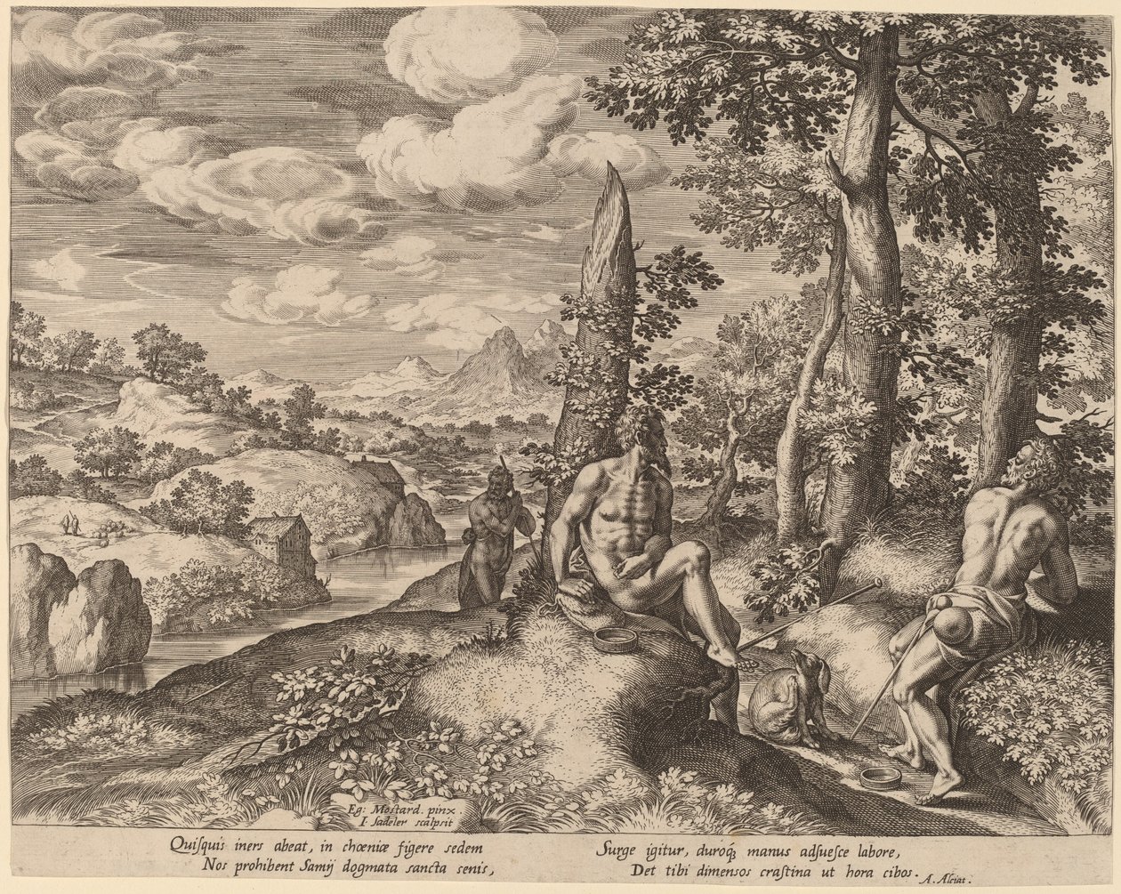 Paysage avec trois hommes nus et un chien - Johann Sadeler I