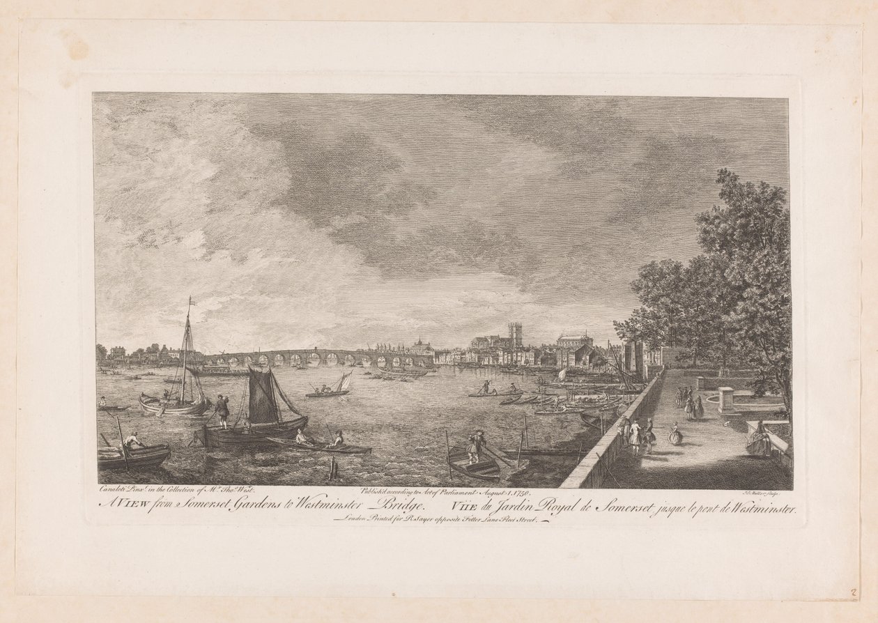 Vue des jardins de Somerset sur le pont de Westminster à Londres - Johann Sebastian Muller