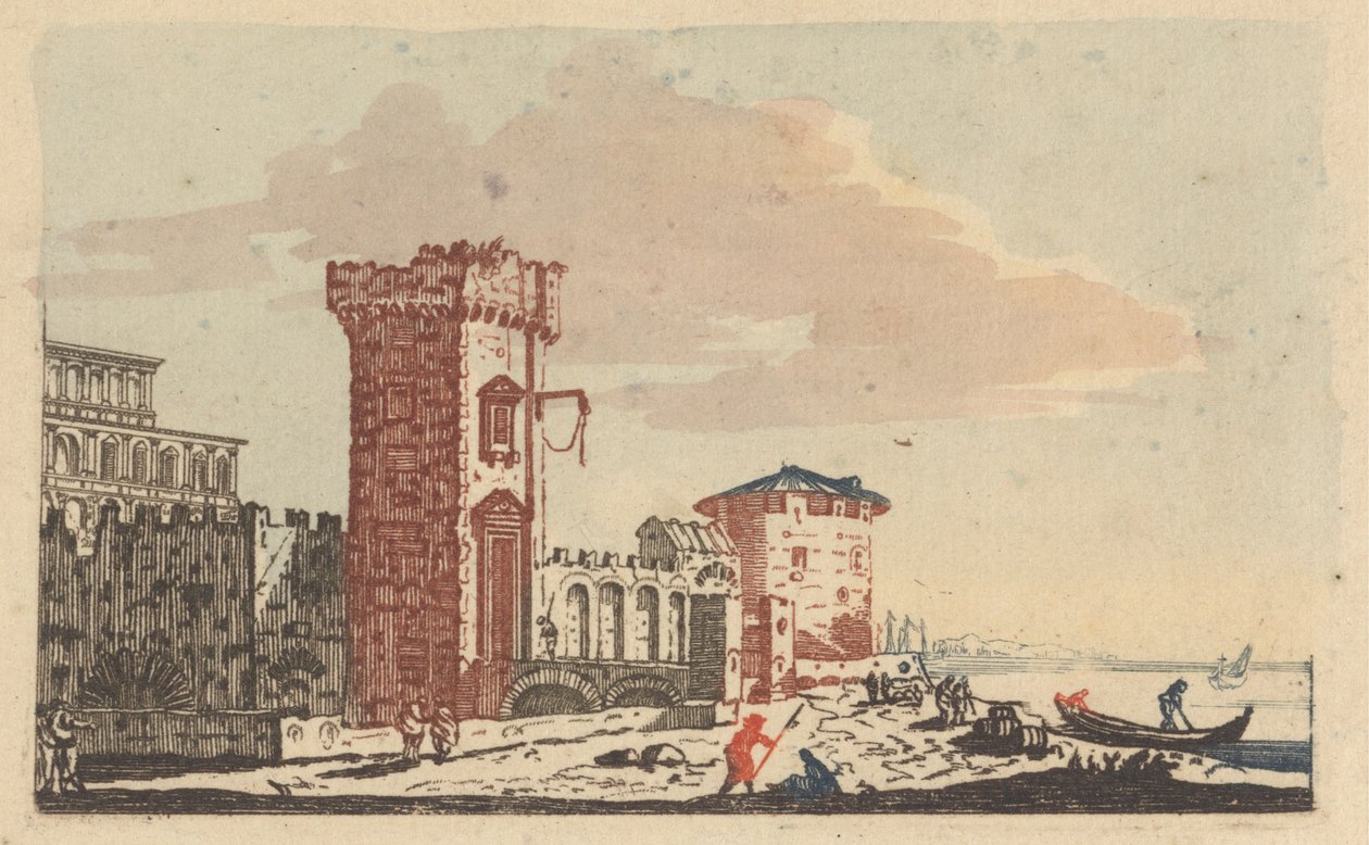 Châteaux, ruines et paysages marins - Six gravures en couleur - Johann Teyler