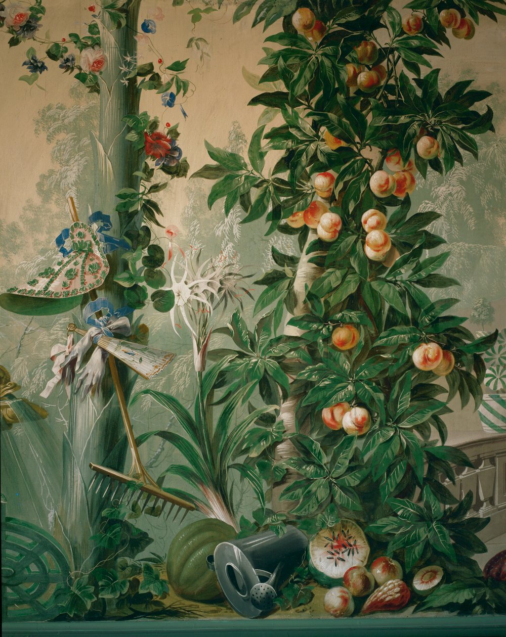 Scène de jardin, arbre fruitier et chapeau de jardinière, gants et râteau dans la salle de jardin ... - Johann Wenzel Bergl