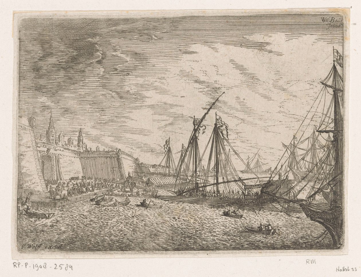 Vue du port avec des voiliers et des galères devant un mur de ville - Johann Wilhelm Baur