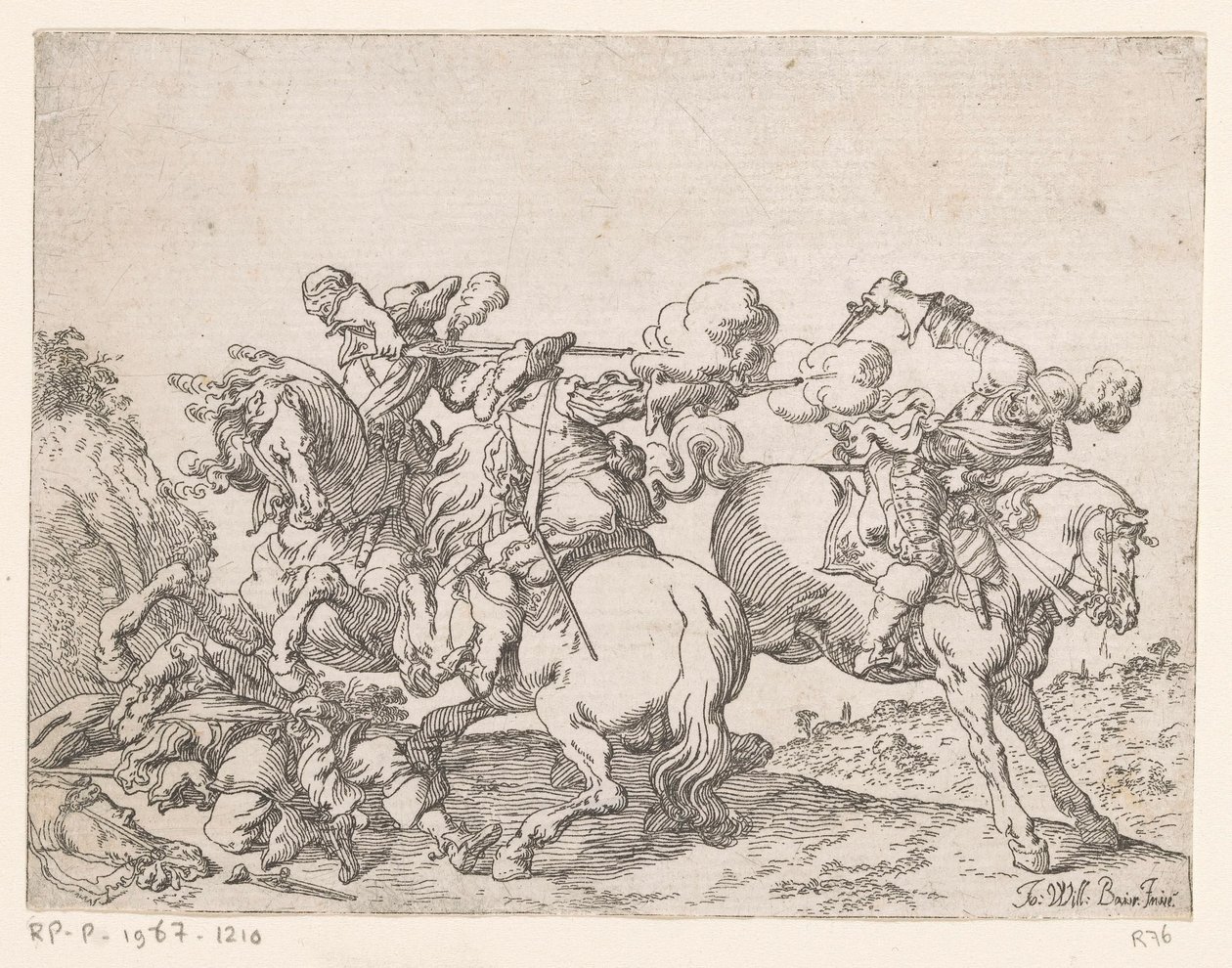 Twee musketiers te paard beschieten een ruiter - Johann Wilhelm Baur