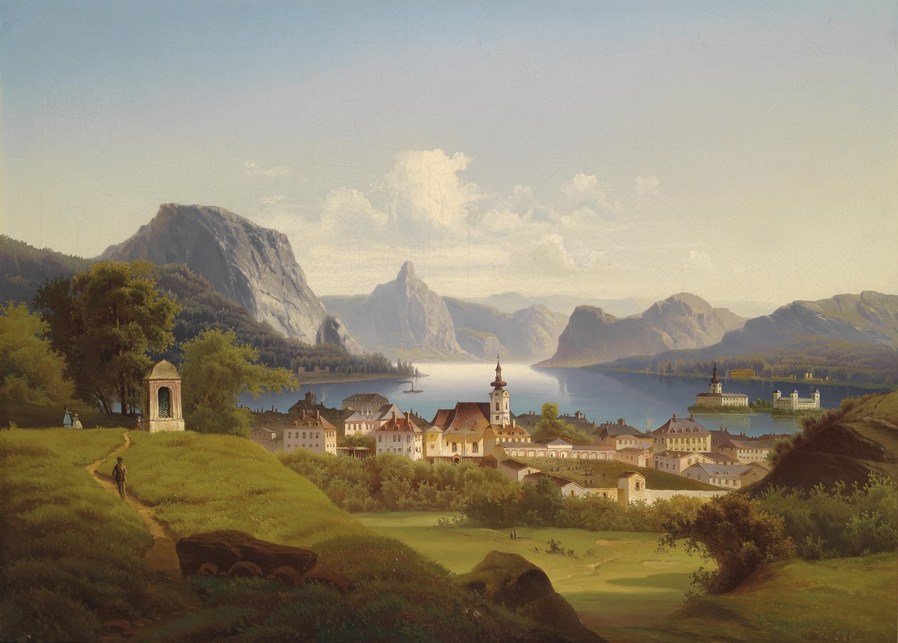 Vue de Gmunden avec Schloss Ort en arrière-plan - Johann Wilhelm Jankowski