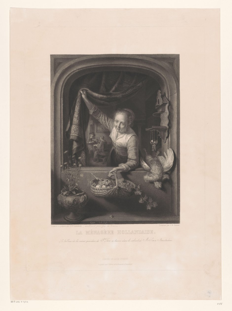 Femme avec un panier de fruits à la main près de la fenêtre. La ménagère hollandaise - Johann Wilhelm Kaiser (I)