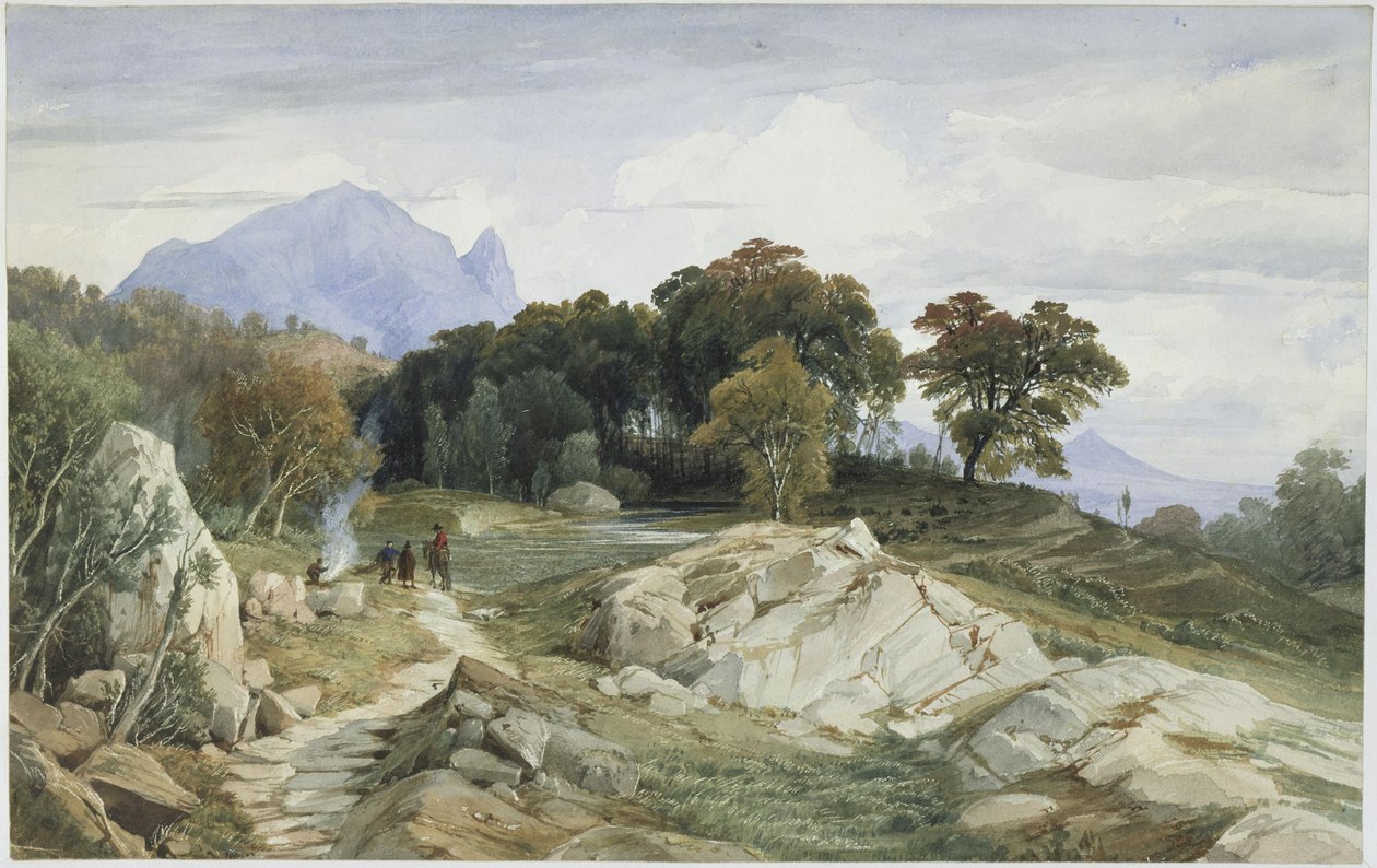 Paysage forestier et montagneux italien, un cavalier et trois hommes autour d