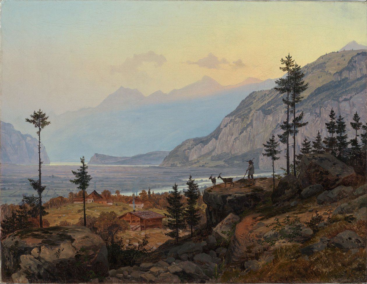 Paysage alpin suisse avec une rivière et un lac - Johann Wilhelm Schirmer