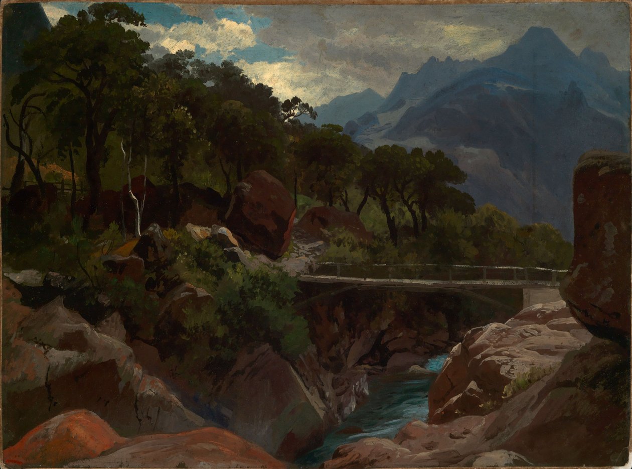 Rivière de montagne suisse avec passerelle - Johann Wilhelm Schirmer