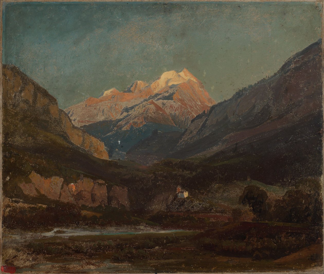 Paysage montagneux suisse avec chapelle et sommet enneigé au loin - Johann Wilhelm Schirmer