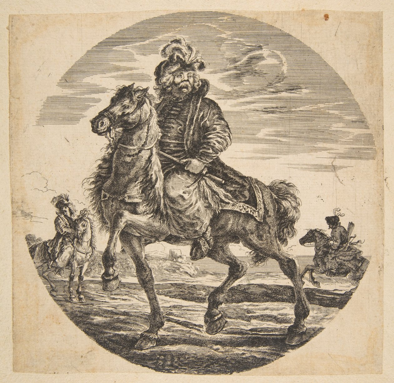 Cavalier hongrois chevauchant vers la gauche, autres cavaliers en arrière-plan, un cercle - Johanna Christina Küsel
