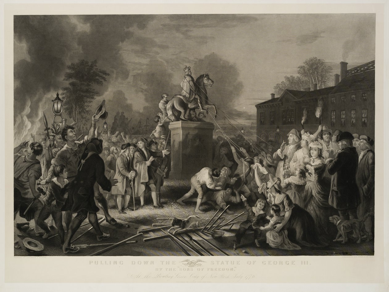 Démolition de la statue de George III par les Fils de la Liberté, au Bowling Green, New York, juillet 1770, gravé par John C. McRae - Johannes Adam Simon Oertel