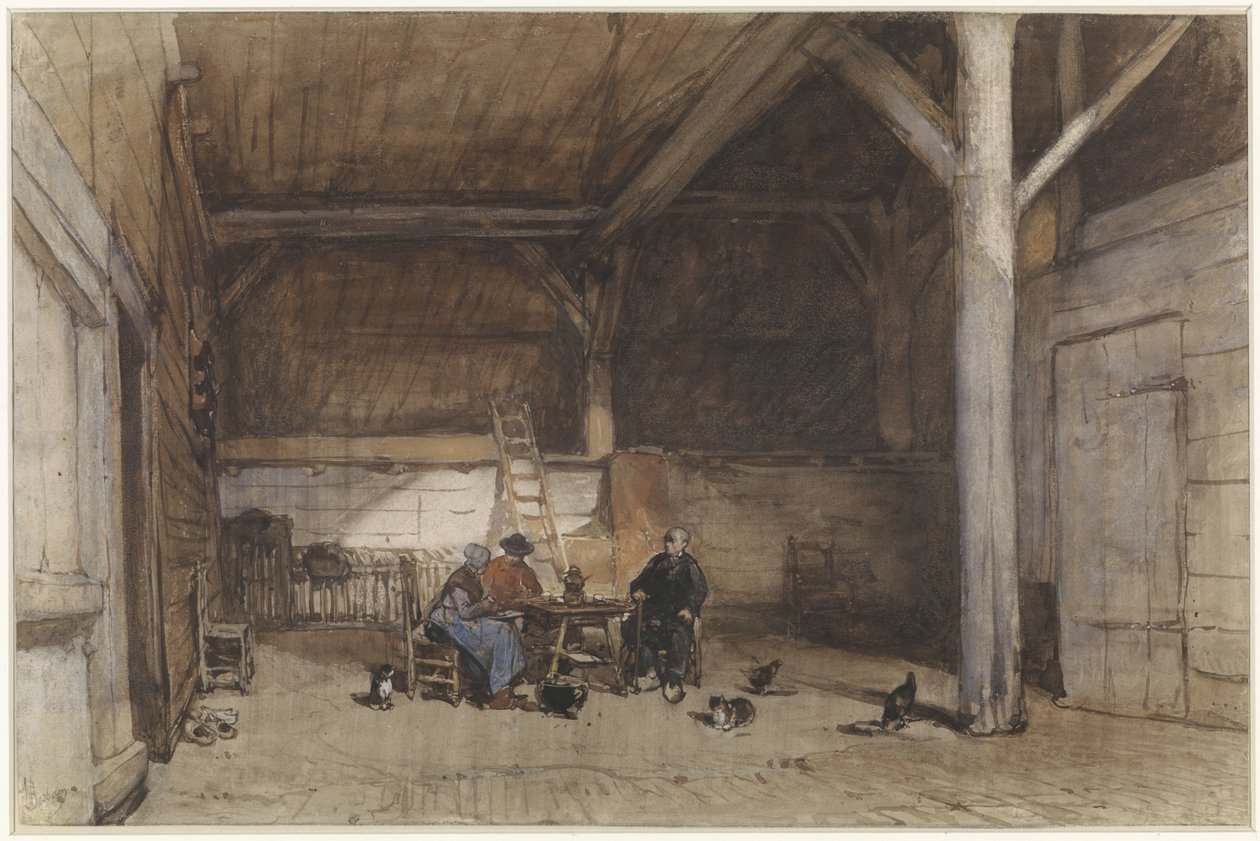 Intérieur paysan avec deux hommes et une femme à une table, quelques poules et chats - Johannes Bosboom