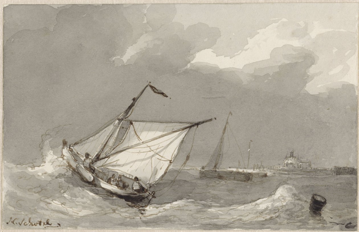 Bateau de pêche sur une mer agitée, avec un village à l