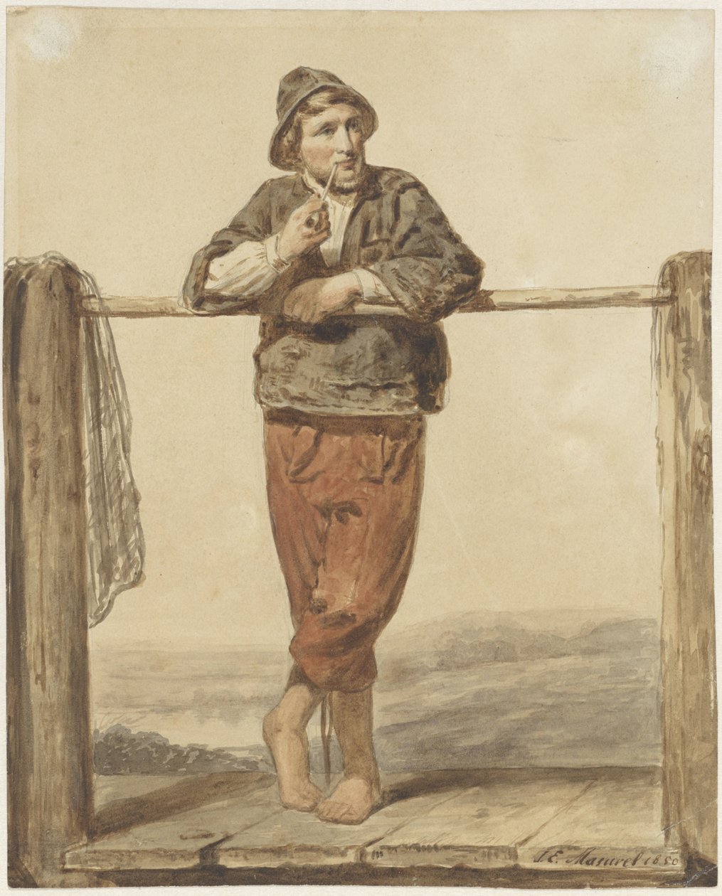Homme debout fumant la pipe, de face - Johannes Engel Masurel