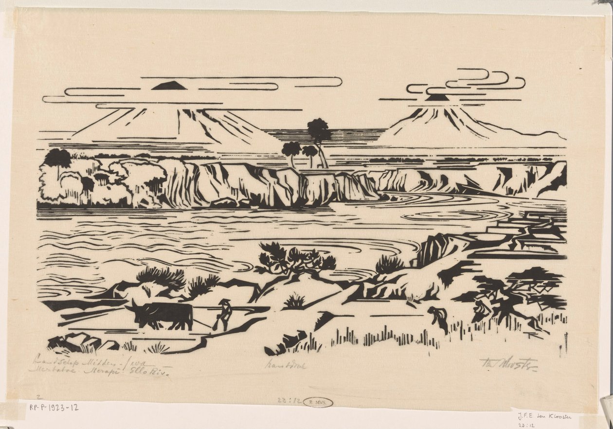 Paysage, Java central : Merbaboe, Merapi, rivière Ello - Johannes Frederik Engelbert ten Klooster (signed by artist)