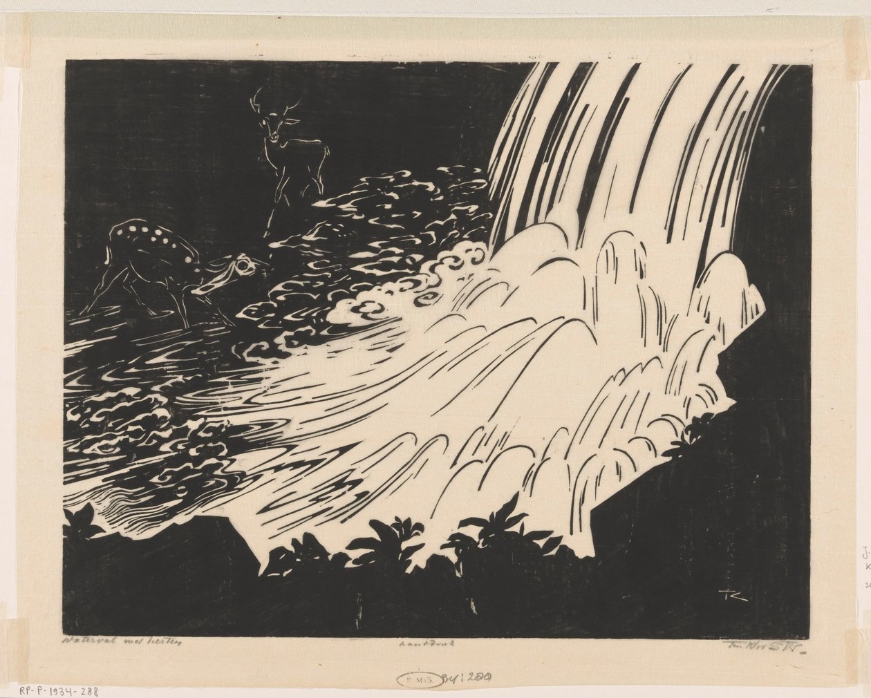 Cascade avec cerfs - Johannes Frederik Engelbert ten Klooster (signed by artist)