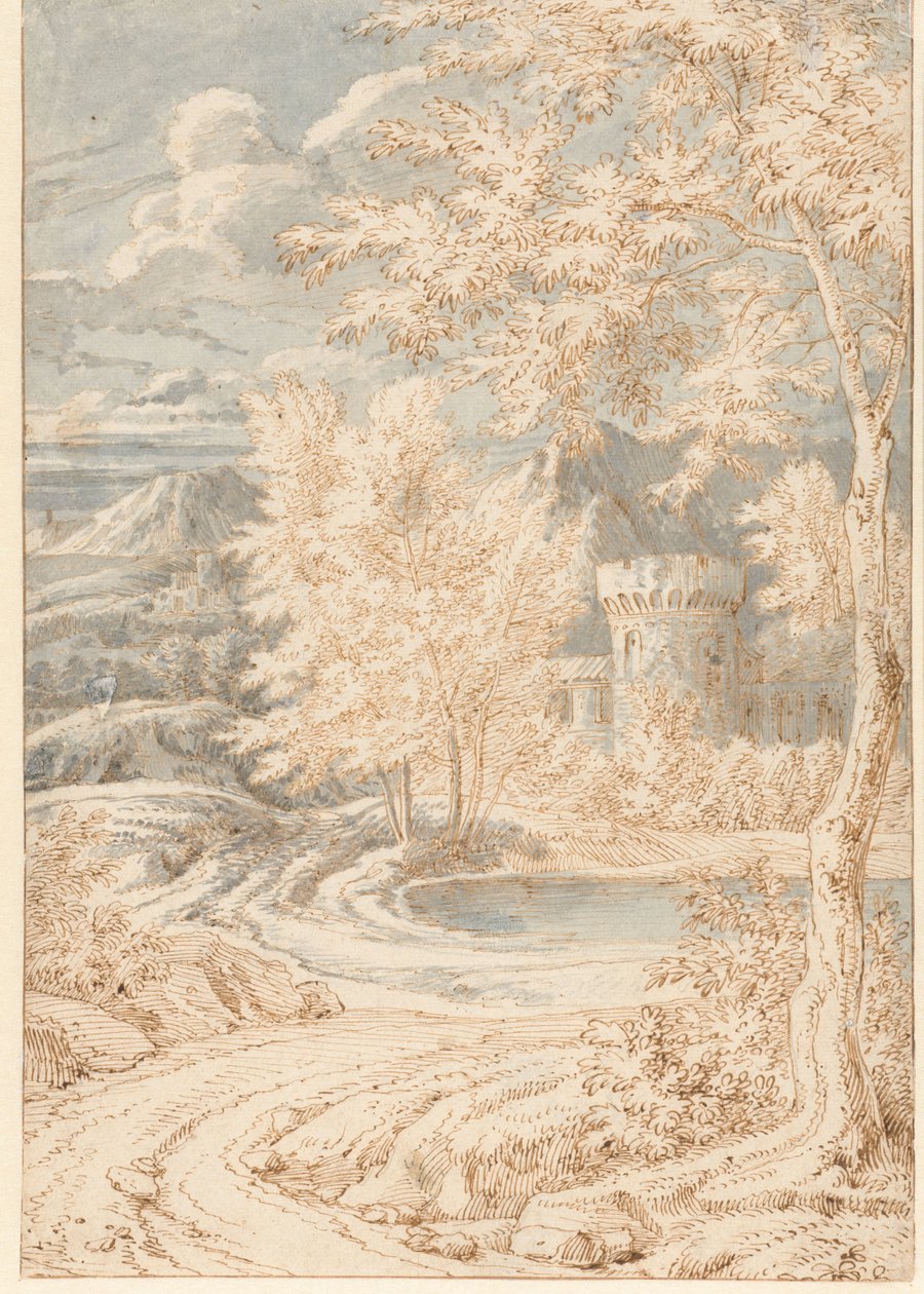 Paysage montagneux arcadien avec une tour ronde - Johannes Glauber