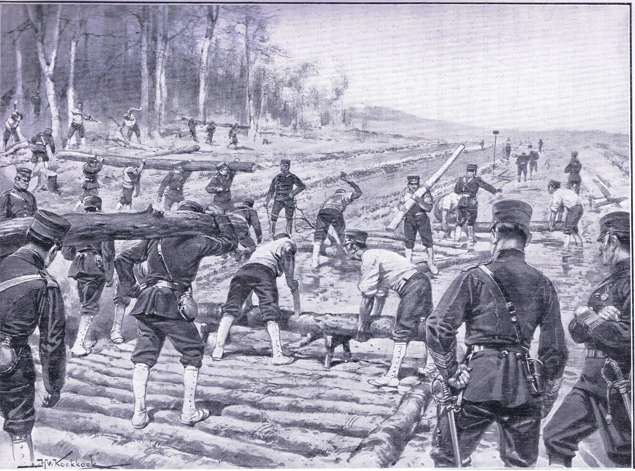 Ingénieurs japonais construisant une route en bois pour les troupes, illustration de Cassells History of the Russo-Japanese War Vol 1, vers 1900 - Johannes Hermann Barend Koekkoek