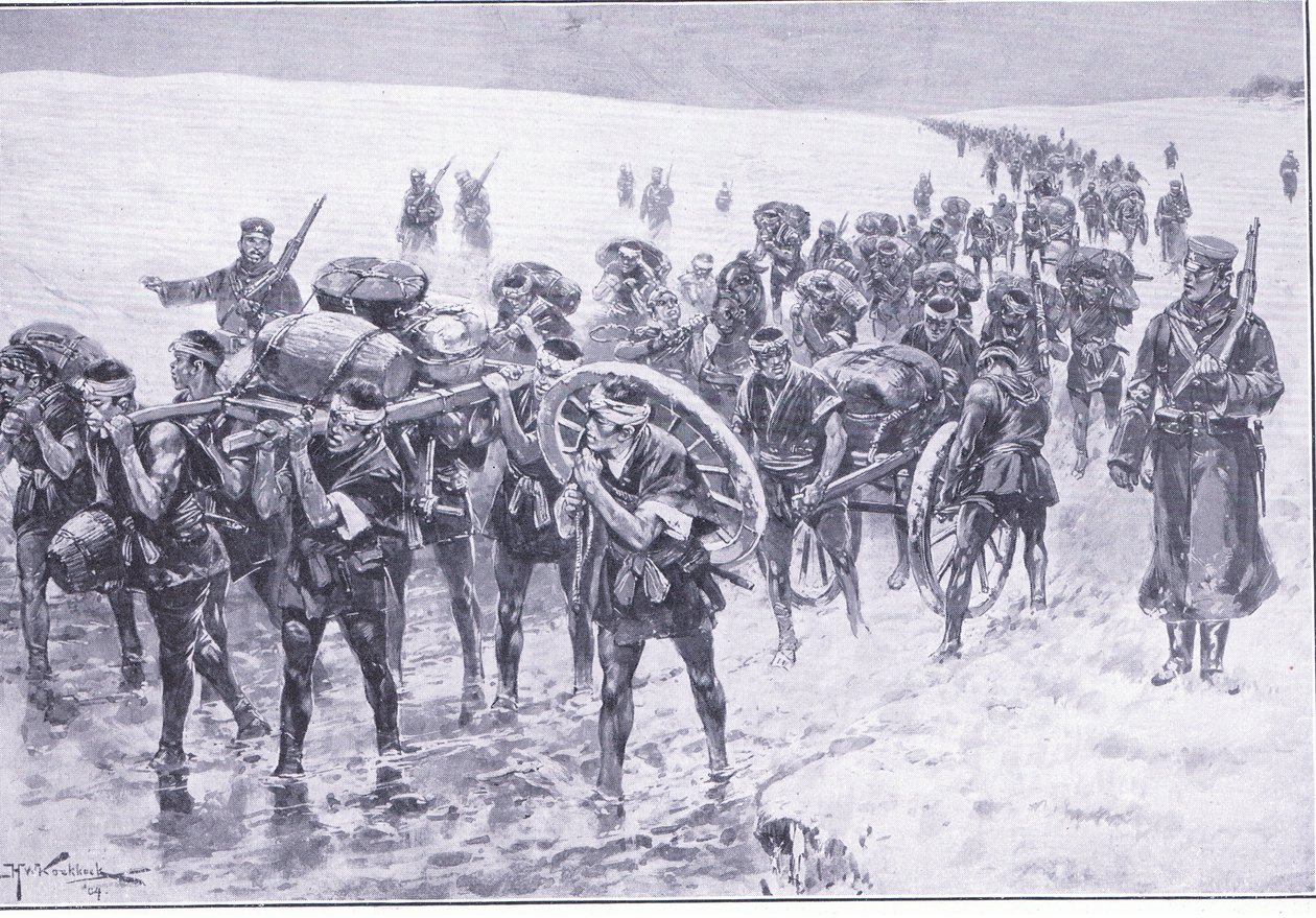 Japonais en marche. Hommes à la place des poneys de bât, illustration de l