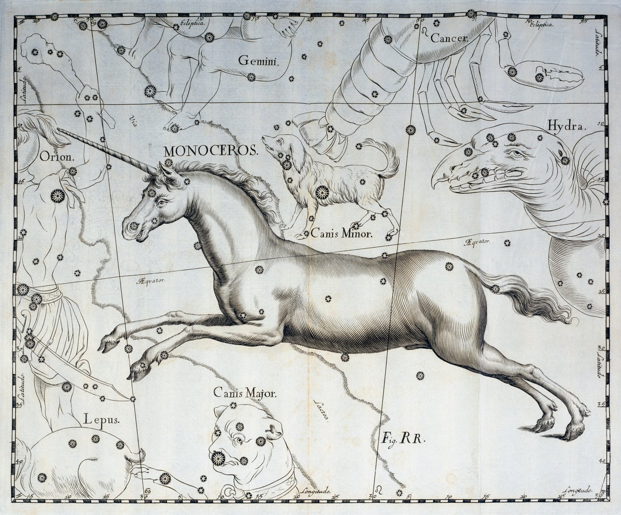 Monocéros, constellation de la Licorne, gravure de l