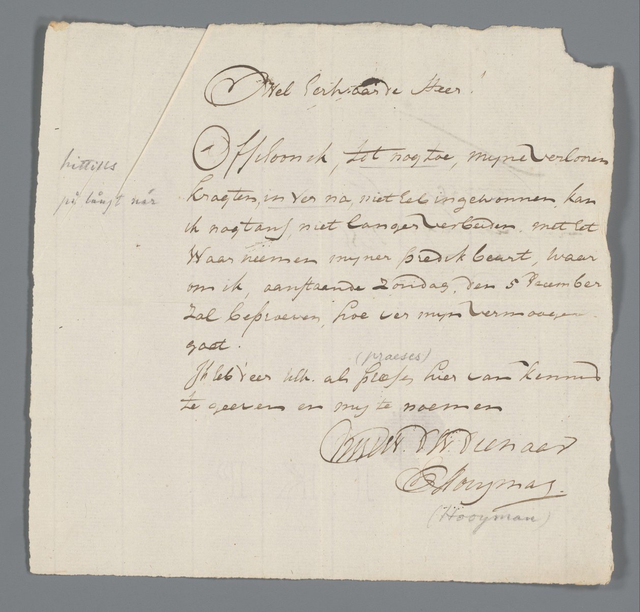 Lettre du révérend Hooyman à Jan Brandes - Johannes Hooyman