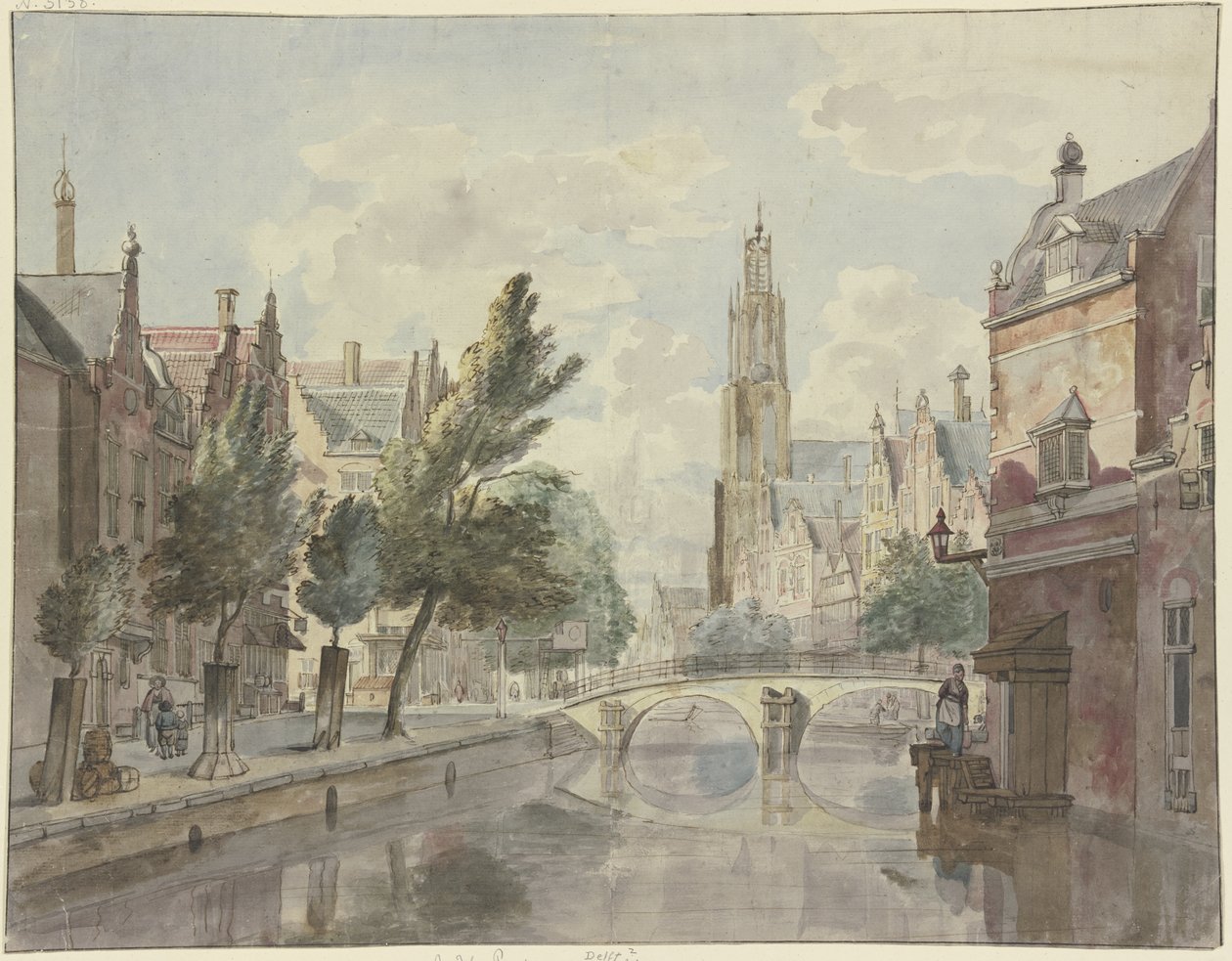 Pont en pierre enjambant un canal, avec une cathédrale en arrière-plan et un réverbère à droite de la maison - Johannes Huibert Prins