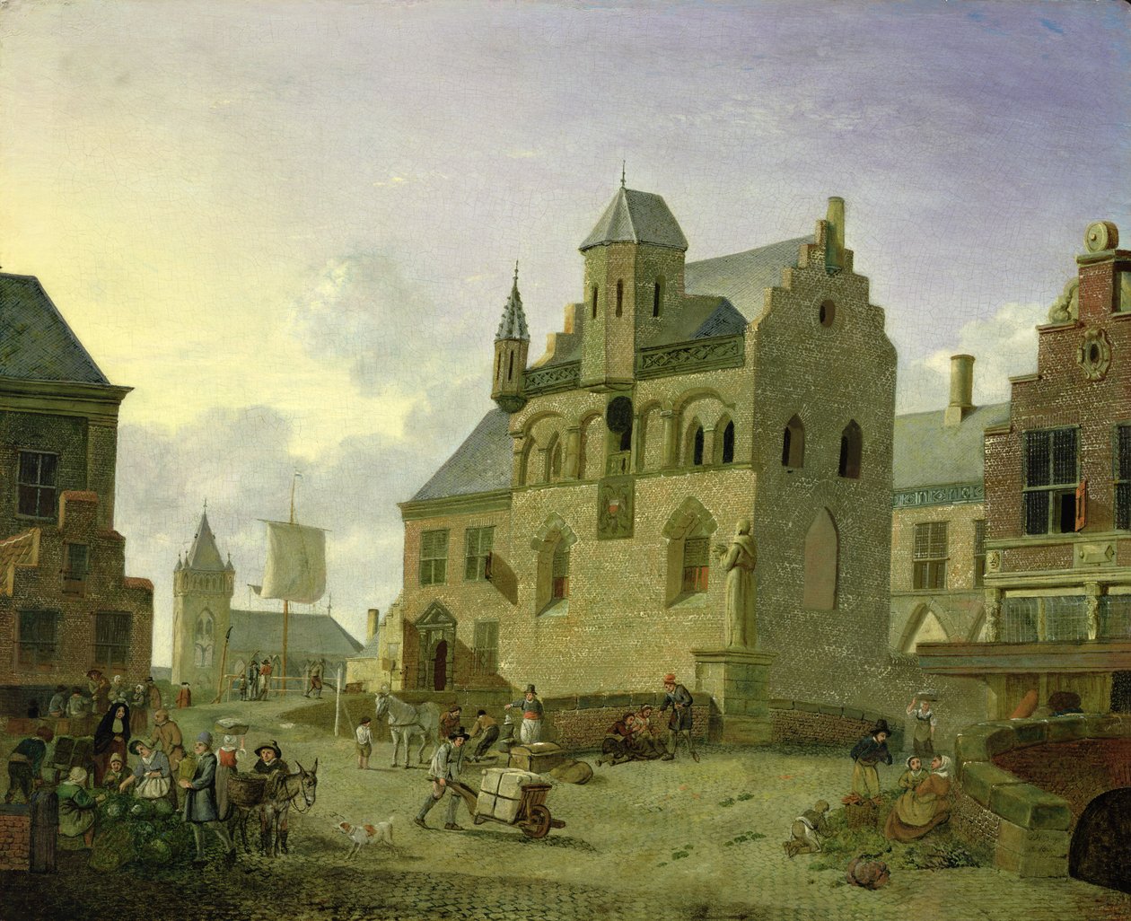 Place de la ville avec des personnages et des paysans commerçant sur une place de marché - Johannes Huibert Prins