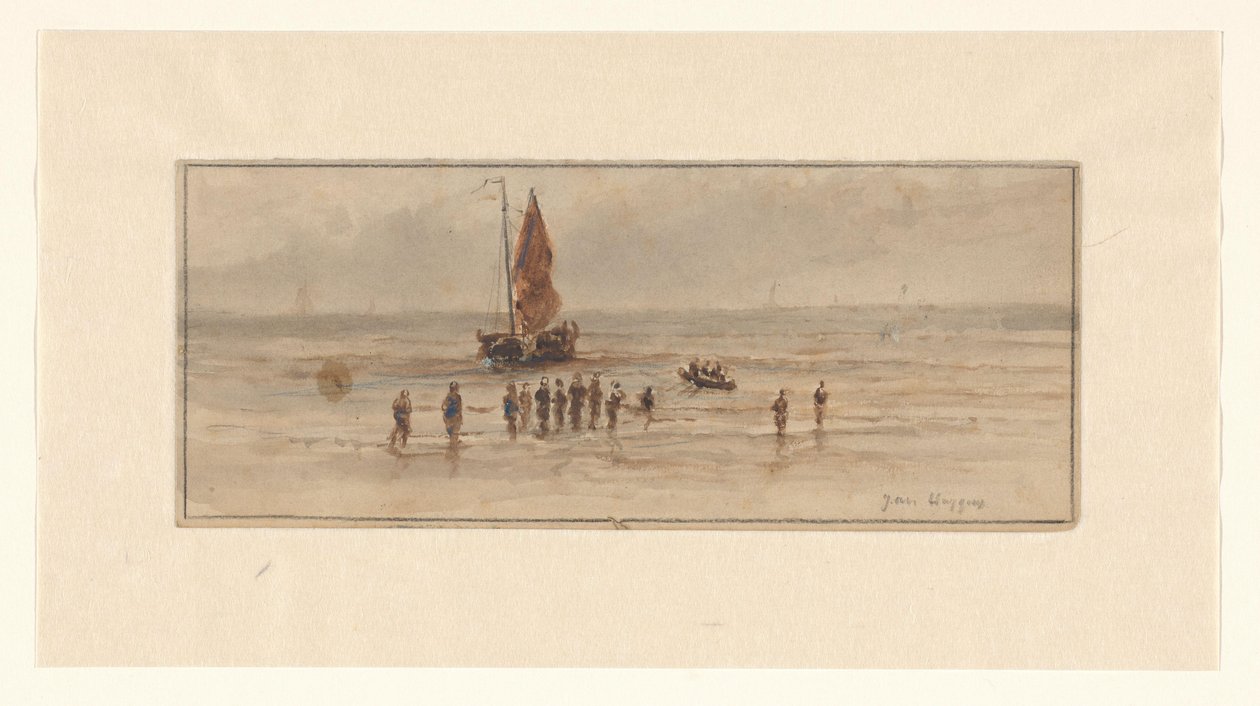 Vue de plage avec pêcheurs et voilier - Johannes Huygens (signed by artist)