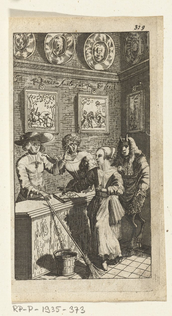 Le diable feint (Boekillustratie voor Simon de Vries, Seven Duyvelen regeerende en serveerende de Hedendaeghsche Dienstmaegden, Amsterdam, 1682) - Johannes Jacobsz van den Aveele