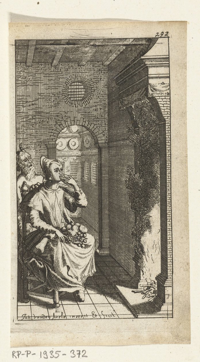 Le diable gourmand Illustration de livre pour Simon de Vries, Seven Duyvelen regeerende en serveerende de Hedendaeghsche Dienstmaegden, Amsterdam, 1682 - Johannes Jacobsz van den Aveele