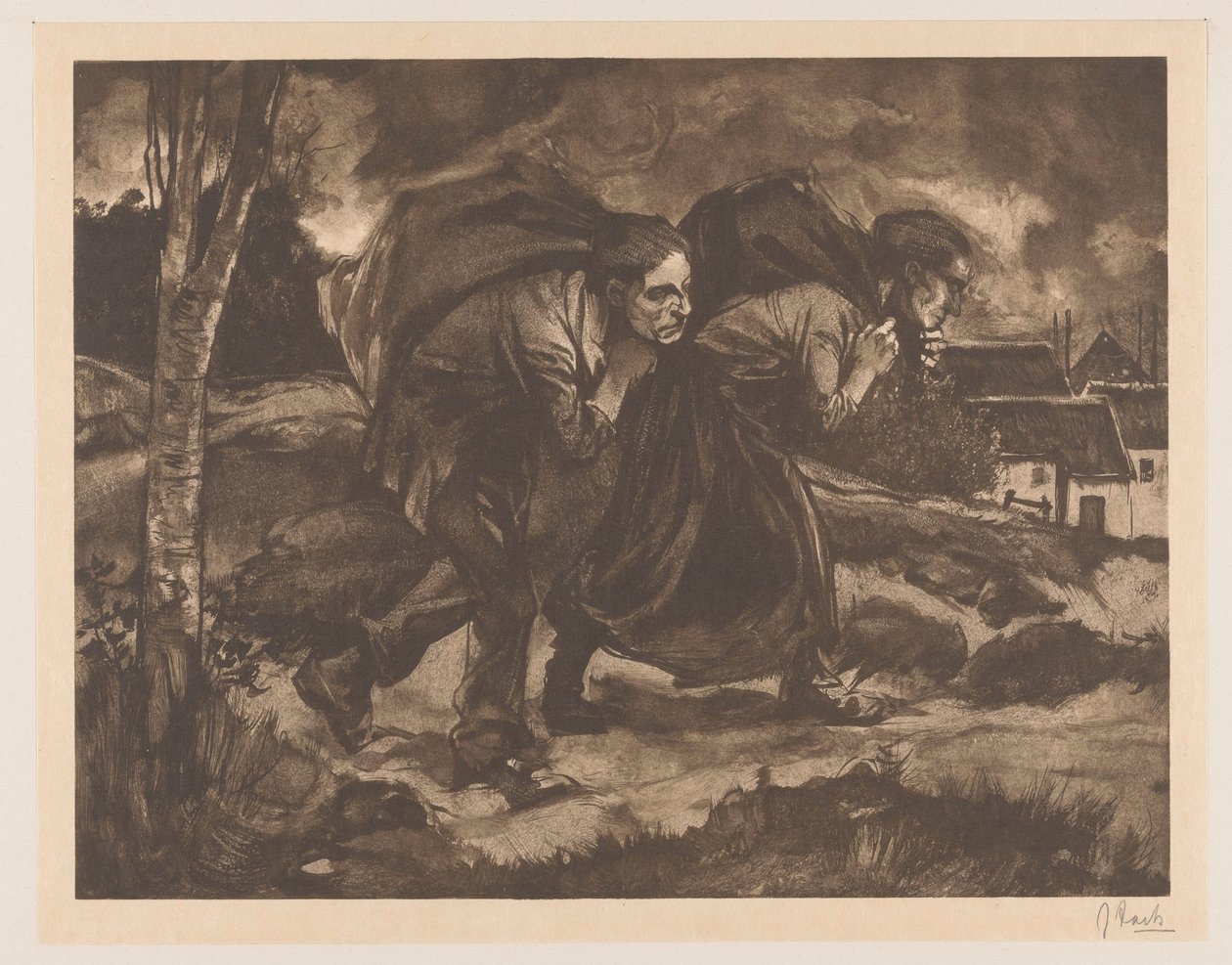 Homme et femme avec sac sur le dos - Johannes Josephus Aarts (signed by artist)