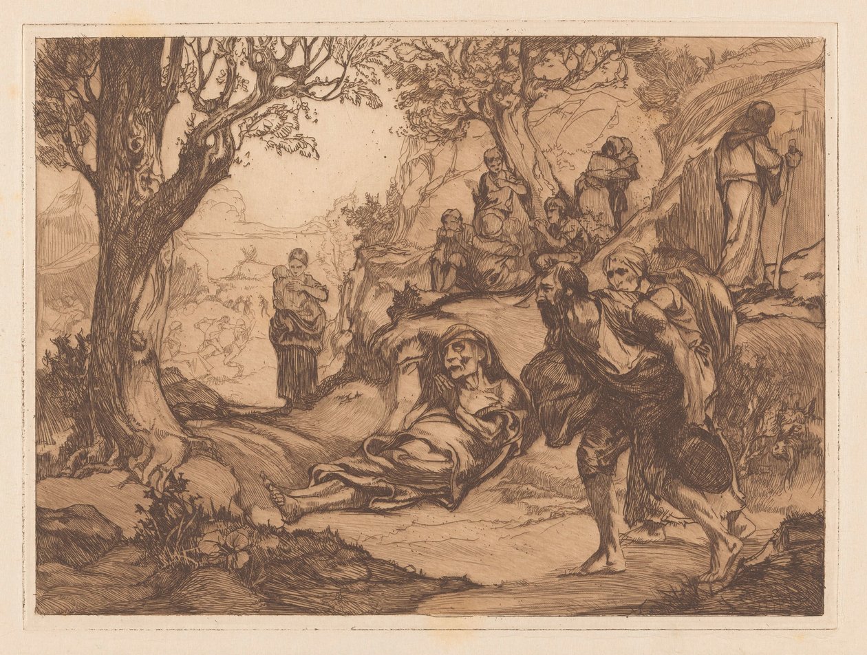 Hommes, femmes et enfants dans un paysage vallonné - Johannes Josephus Aarts