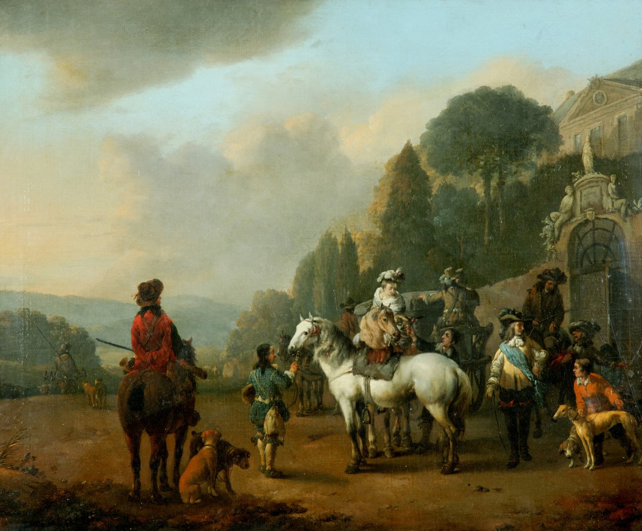 Un groupe de fauconniers devant les portes d