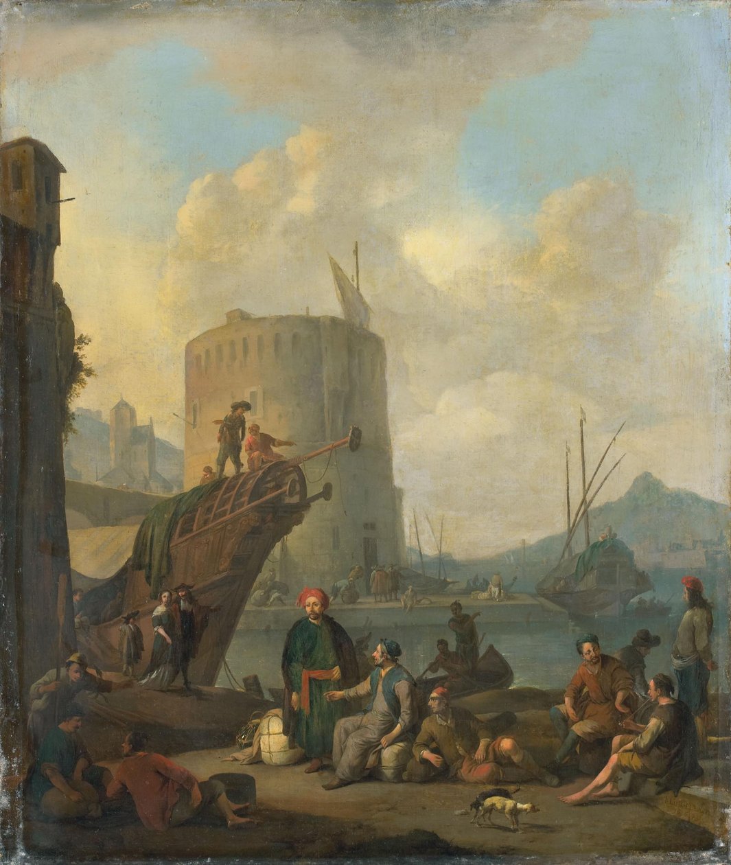 Port italien avec une tour fortifiée - Johannes Lingelbach