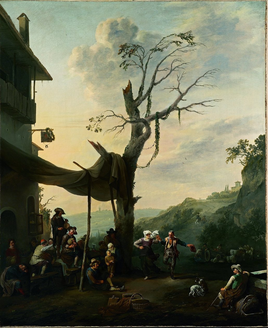 Paysage de montagne avec des paysans dansant et jouant de la musique devant une auberge - Johannes Lingelbach