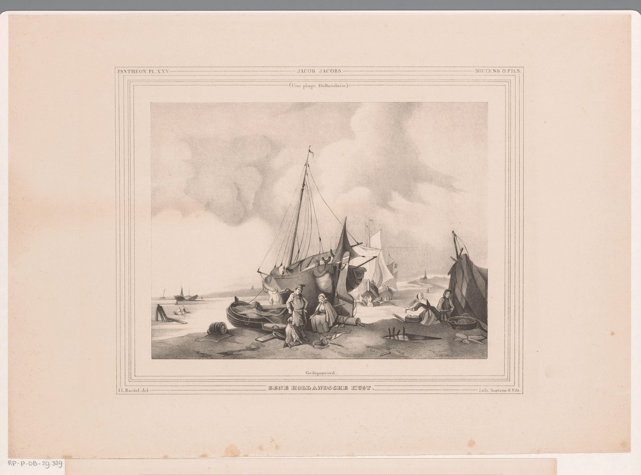 Côte hollandaise avec bateaux et personnes - Johannes Lodewijk Riedel