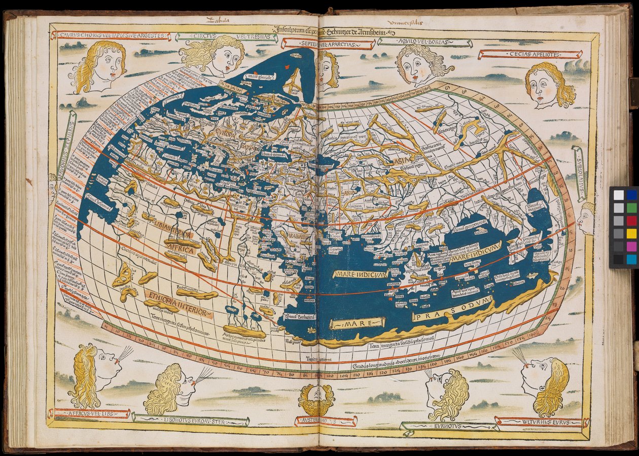 La première édition de Ptolémée imprimée en Allemagne, et la première avec des cartes gravées sur bois. Reliure originale. - Johannes Schnitzer