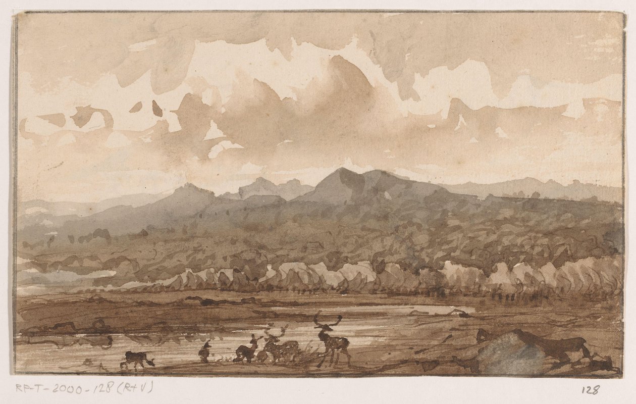 Paysage de montagne avec des cerfs - Johannes Tavenraat (signed by artist)