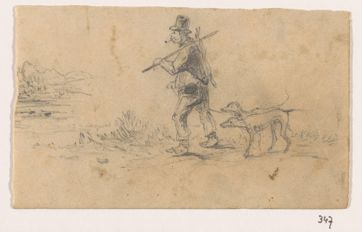 Chasseur avec chiens et un lièvre sur le dos - Johannes Tavenraat (signed by artist)