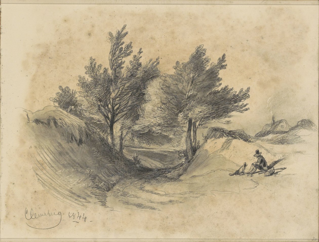 Paysage de lande près de Cleverberg avec un homme assis avec un chien - Johannes Tavenraat