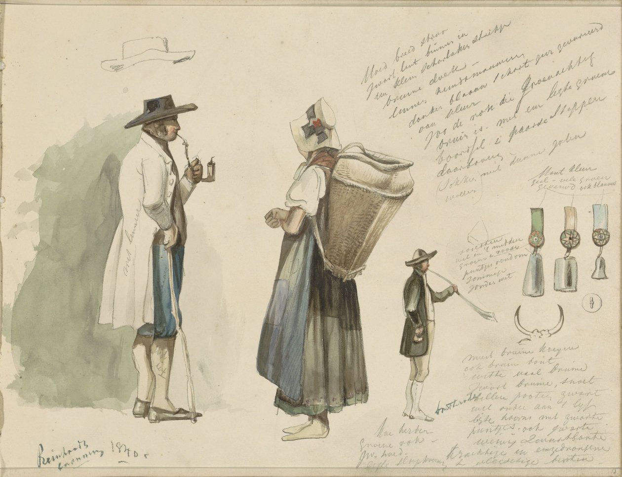 Homme fumant une pipe, femme avec panier, rosettes et un joueur de cor de chasse - Johannes Tavenraat