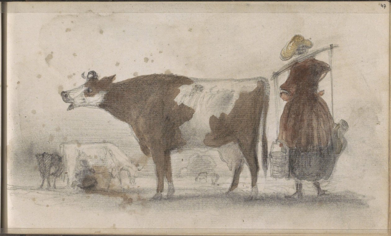 Prairie avec des vaches et une fermière avec un joug - Johannes Tavenraat