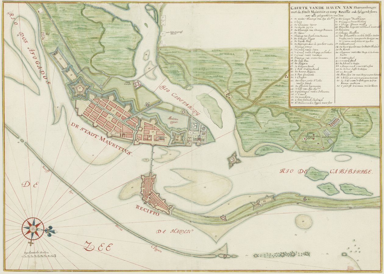 Carte aquarelle de la ville de Recife (Brésil) au XVIIe siècle - Johannes Vingboons