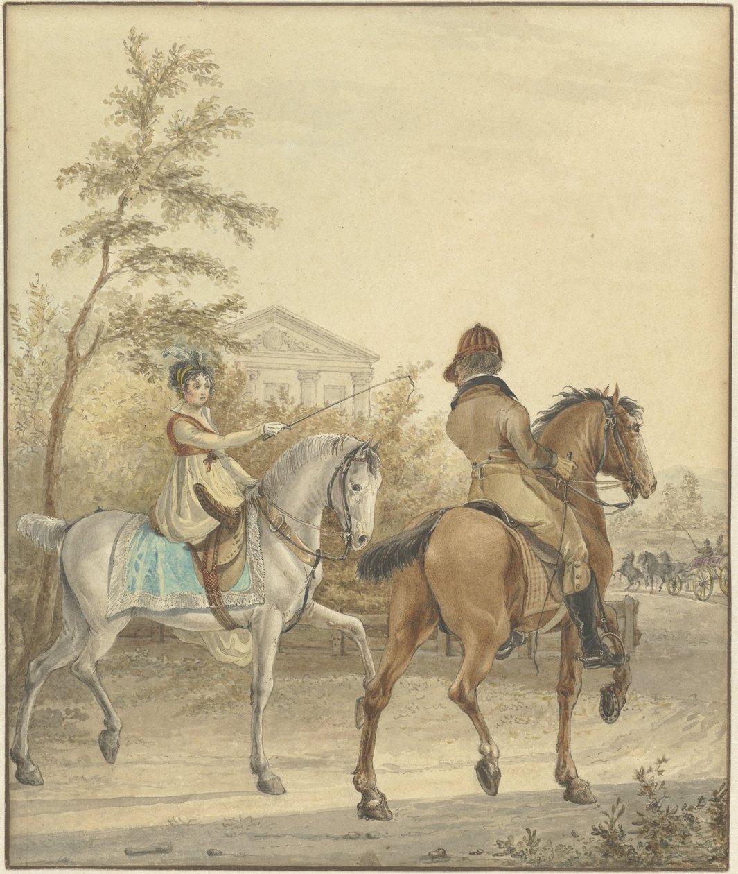Homme et femme à cheval sur un chemin de campagne - Johannes Vinkeles