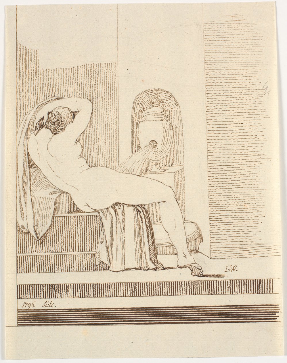 Femme nue avec drapé vue de dos, devant une fontaine - Johannes Wiedewelt